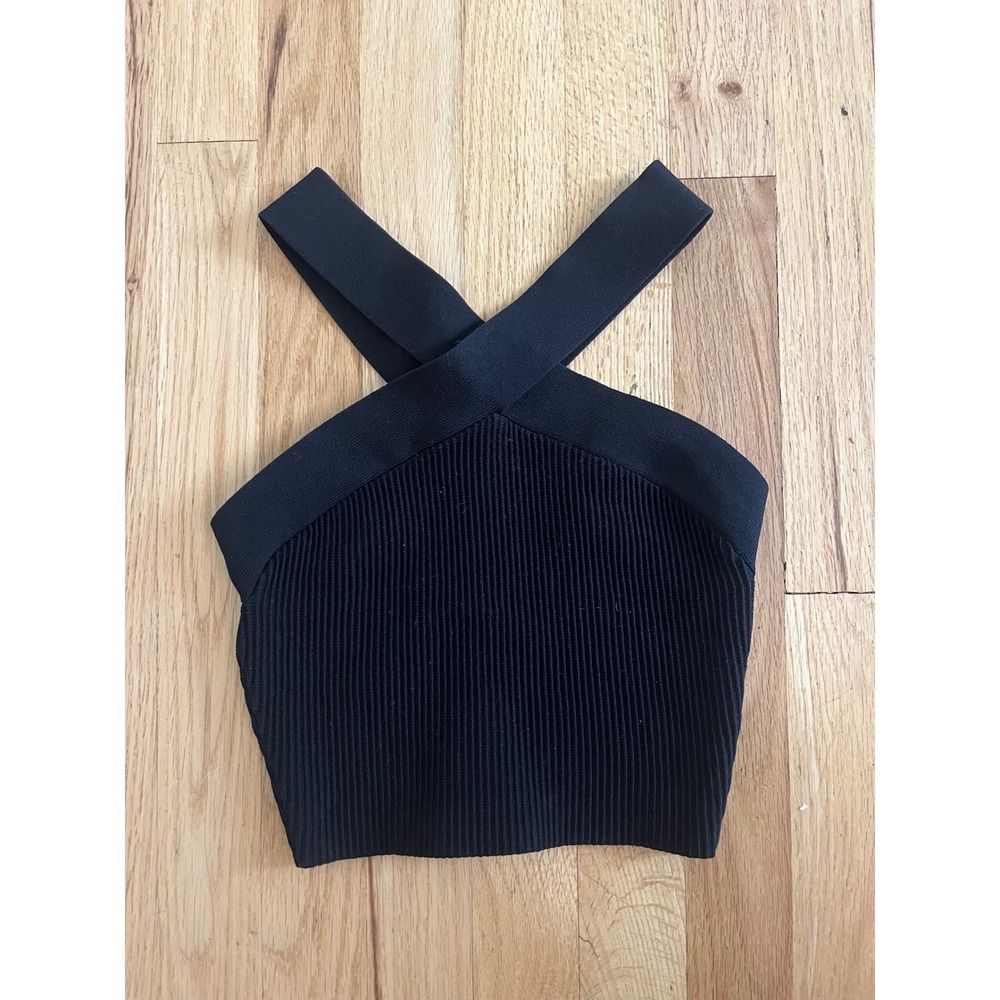 Babaton Aritzia Sculpt Knit Criss Cross Tank Black Ribbed Crop Top XS 77075